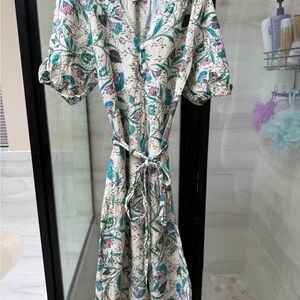 LOFT Floral Midi Dress - Cream and Teal